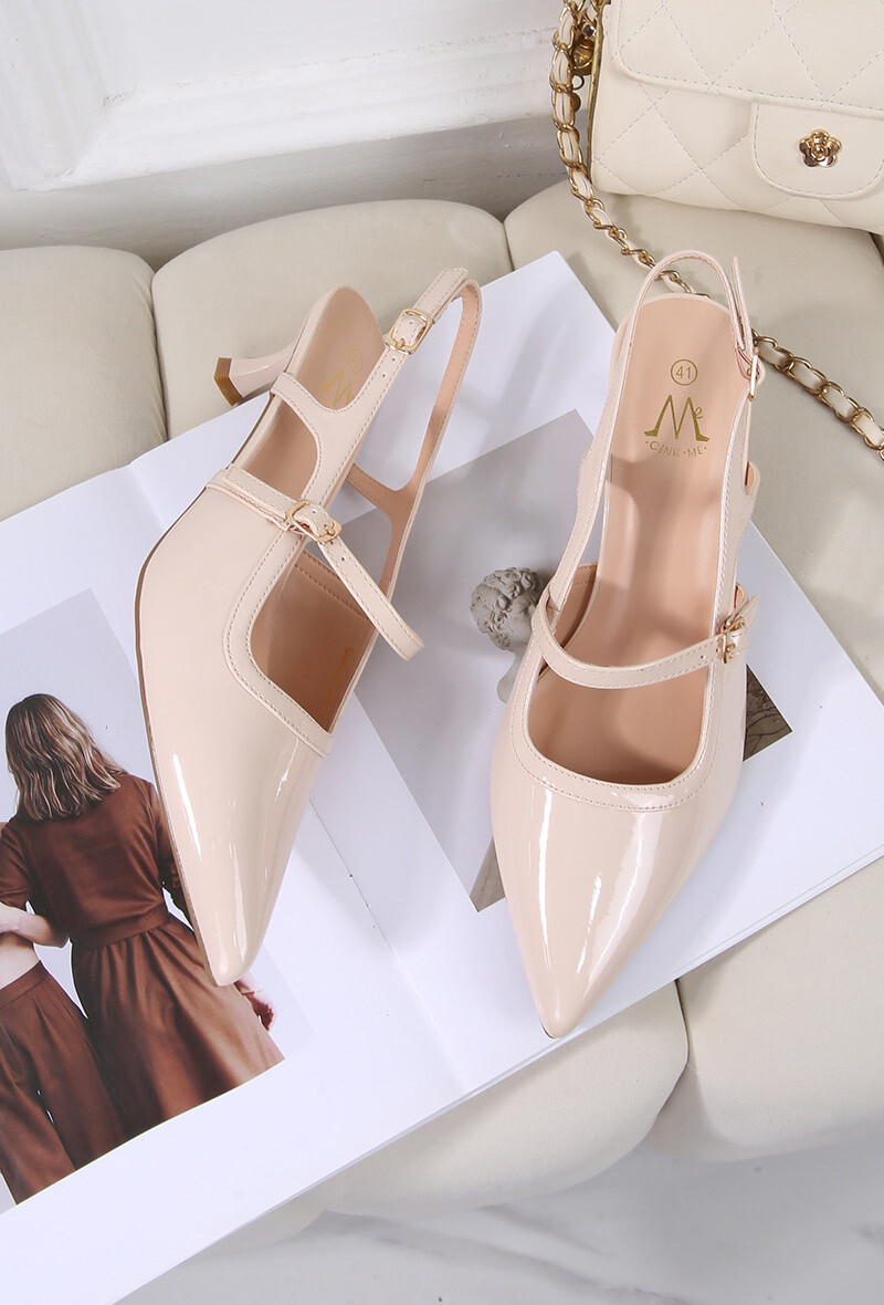 Großhändler Cink Me - Slingback-Pumps mit spitzer Kappe und Blockabsatz aus Lack-PU mit doppeltem verstellbarem Schnallenriemen