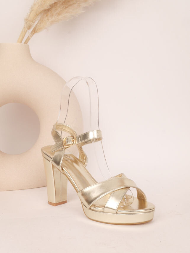 Wholesaler Cink Me - Faux heeled sandals with double crossed straps and adjustable buckle