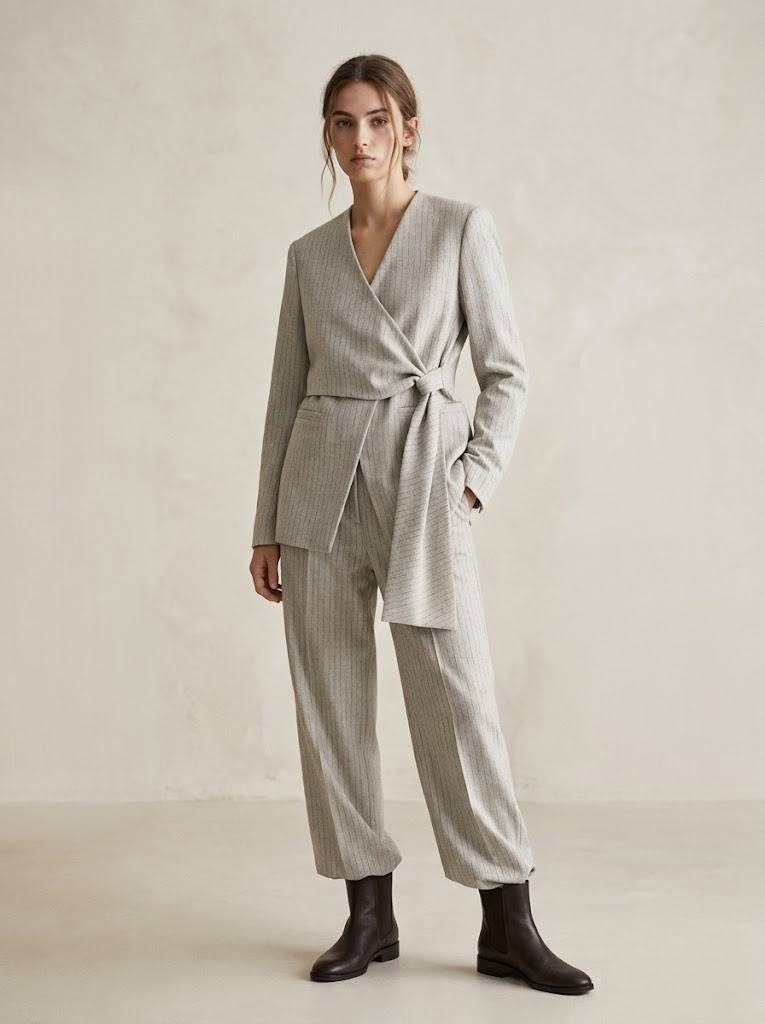 Grossista CIVICO 1 - Blazer Donna Gessato con Cintura Annodata e Scollo a V
