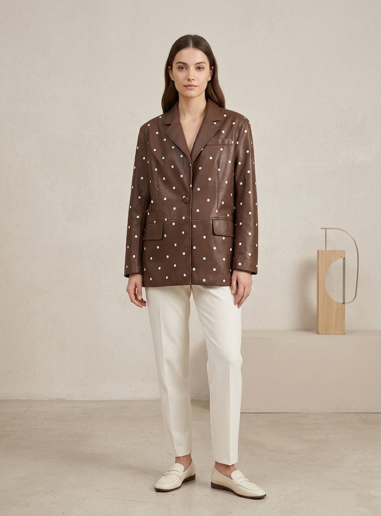Grossiste CIVICO 1 - Blazer femme à pois effet cuir à simple boutonnage veste élégante décontractée