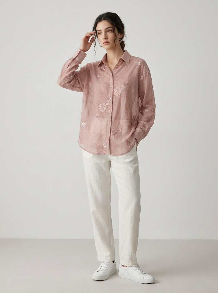 Wholesaler CIVICO 1 - Women's embroidered sheer long sleeve shirt