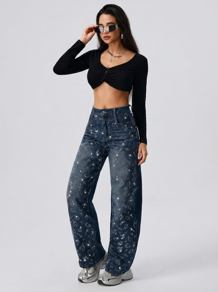 Wholesaler CIVICO 1 - Women's Wide-Leg Jeans with Leopard Rhinestones