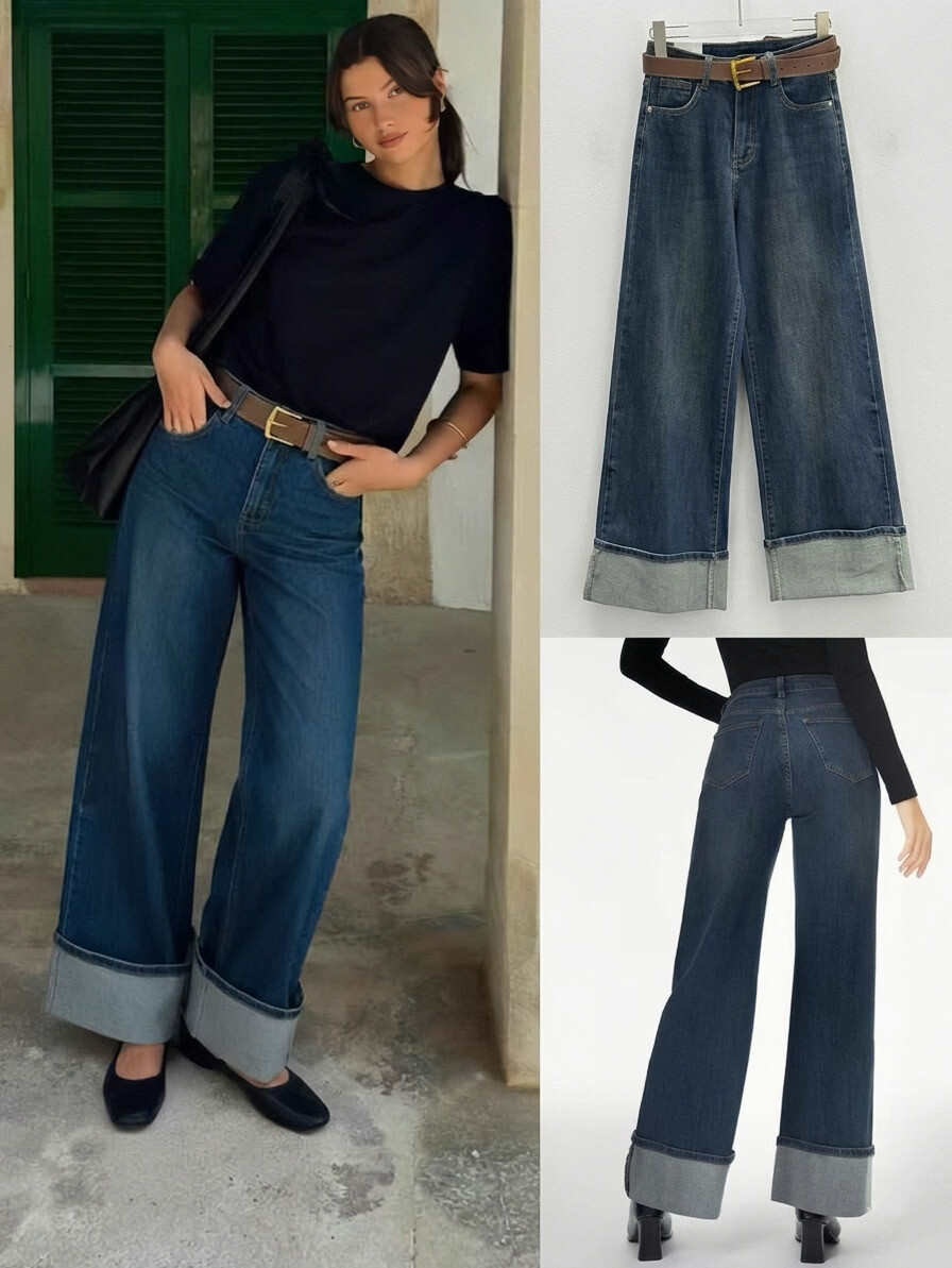 Mayorista CIVICO 1 - Jeans de mujer de pierna ancha y cintura alta con maxi dobladillo, denim azul lavado oscuro, pantalones de pierna ancha
