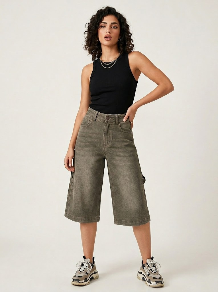 Wholesaler CIVICO 1 - Women's cargo denim Bermuda shorts vintage wash
