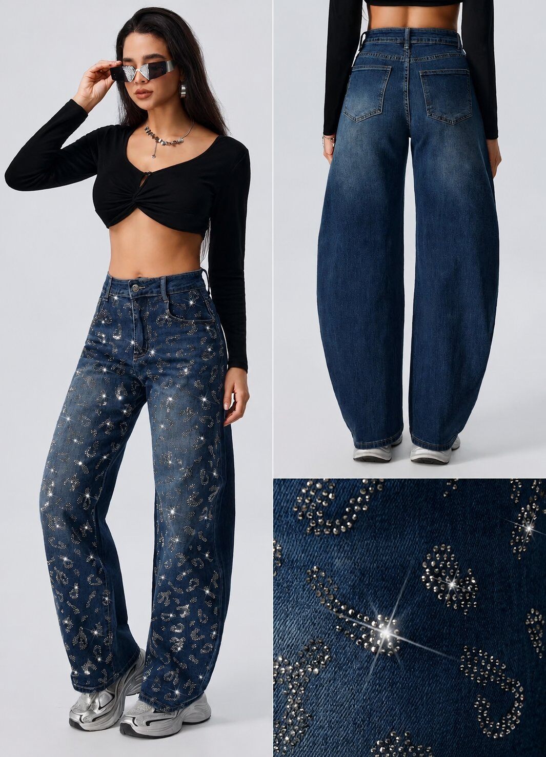 Grossiste CIVICO 1 - Jean Femme à Jambe Large avec Strass Léopard
