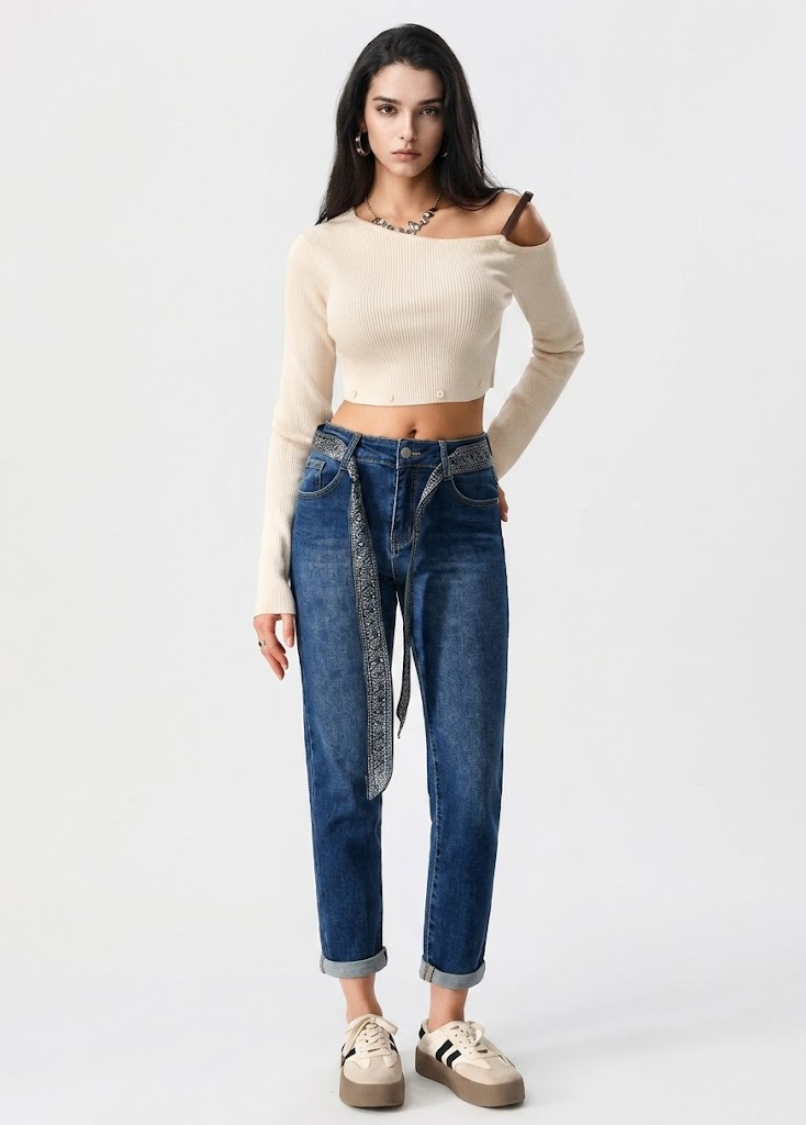 Wholesaler CIVICO 1 - Women's Straight-Leg Jeans in Washed Denim with Patterned Belt