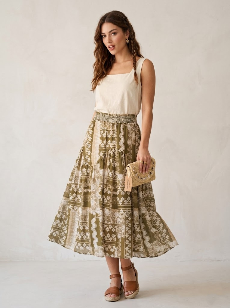 Wholesaler CIVICO 1 - Women's Midi Skirt Boho Print Style with Elastic