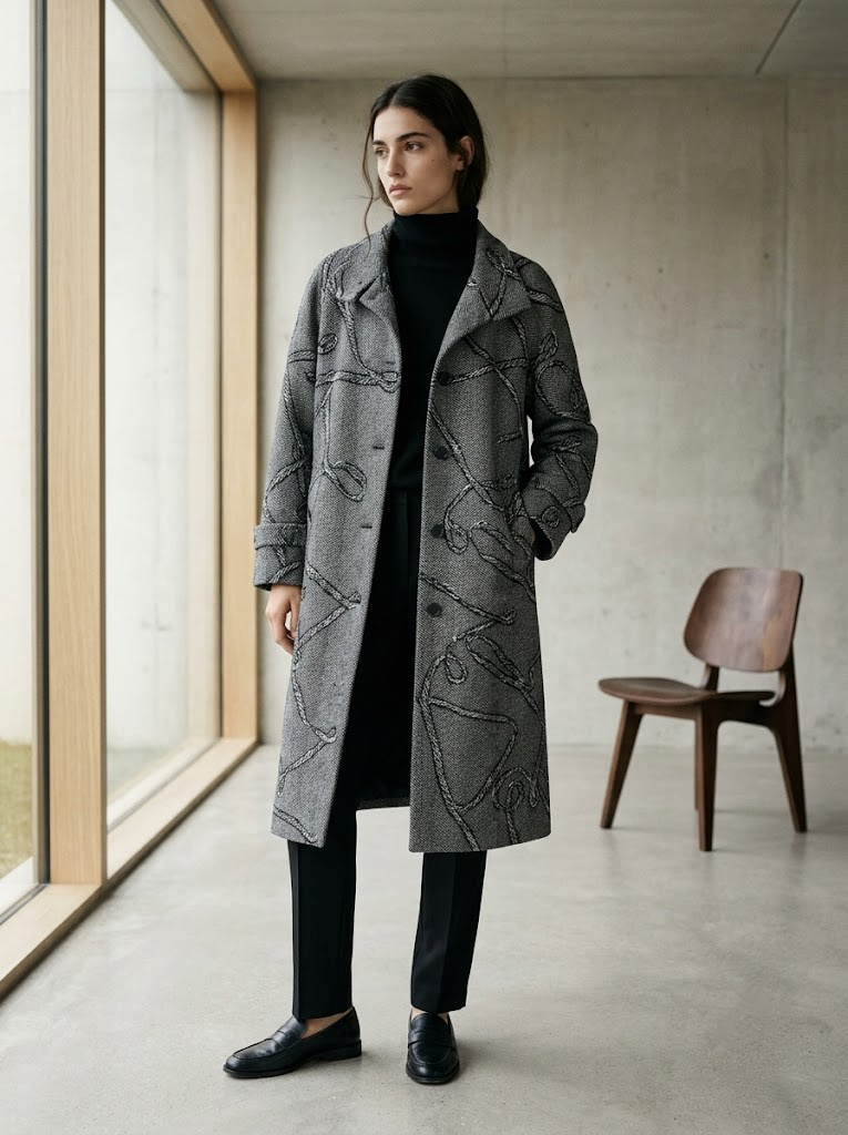 Wholesaler CIVICO 1 - Women's Long Coat with Jacquard Rope Pattern and Notched Collar