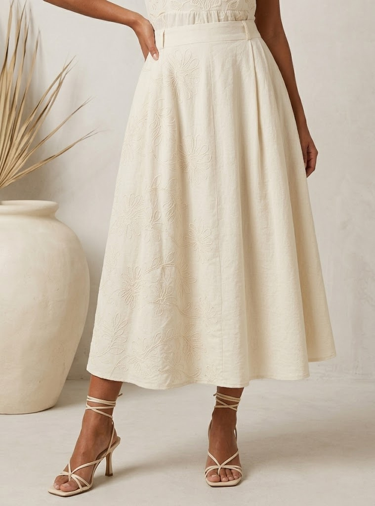 Mayorista CIVICO 1 - Falda Midi de Mujer de Algodón con Bordado Floral Estilo Francés