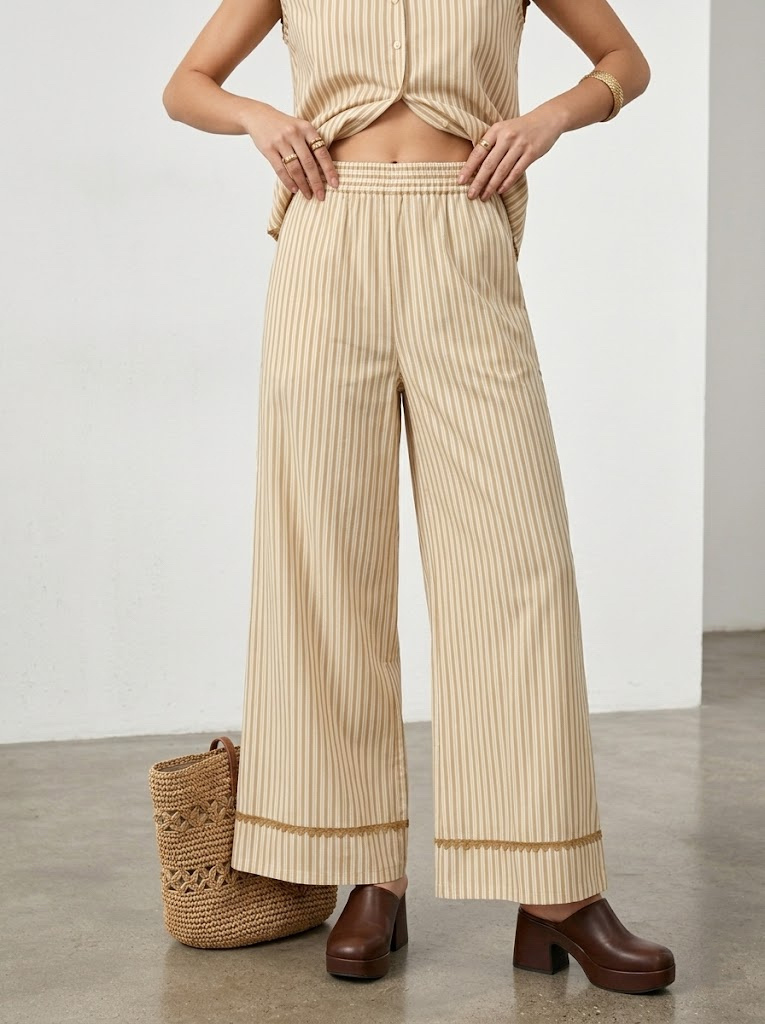 Grossista CIVICO 1 - Pantaloni Donna a Righe Gamba Larga Vita Alta Stile Estivo