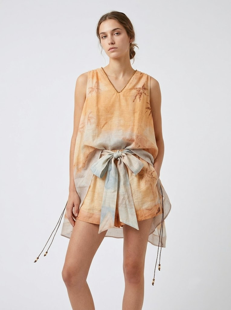 Grossiste CIVICO 1 - Robe Longue Femme Imprimé Tropical avec Nœud à la Taille et Décolleté en V