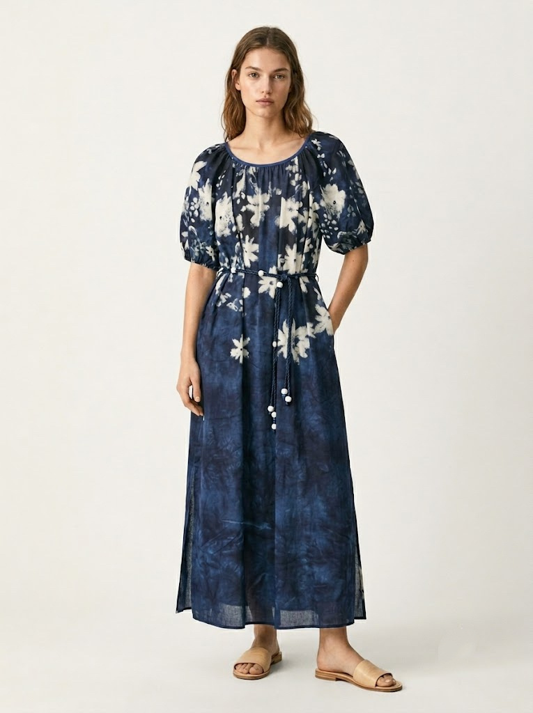Wholesaler CIVICO 1 - Women's long floral tie-dye dress with open back and braided belt