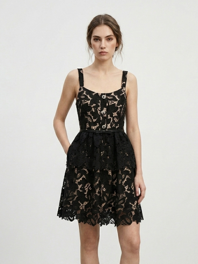 Wholesaler CIVICO 1 - Short floral lace dress with belt – elegant and romantic style