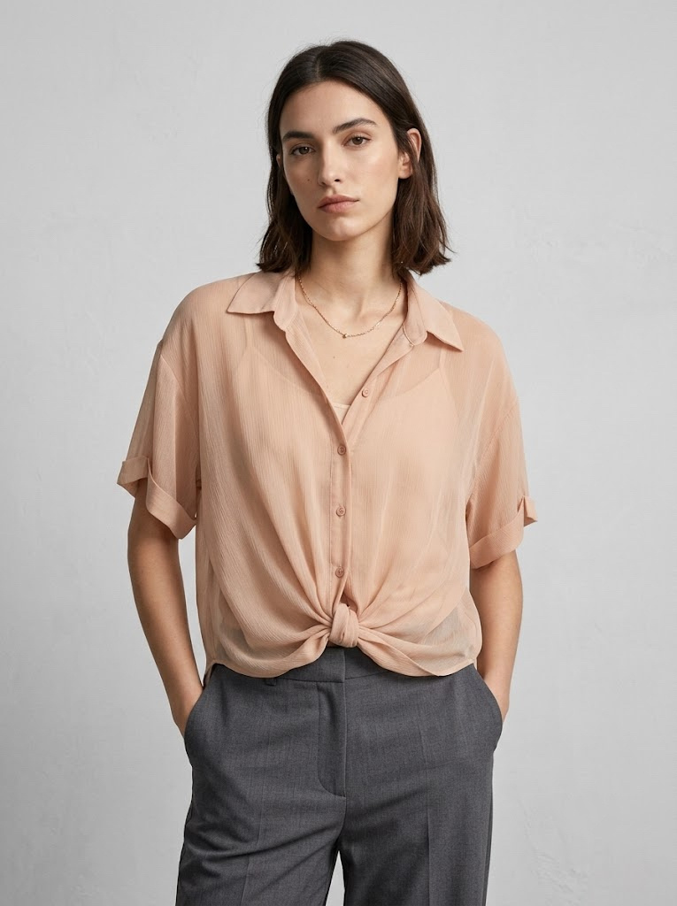 Wholesaler CIVICO 1 - Women's Sheer Chiffon Blouse with Front Knot and Ruched Sleeves