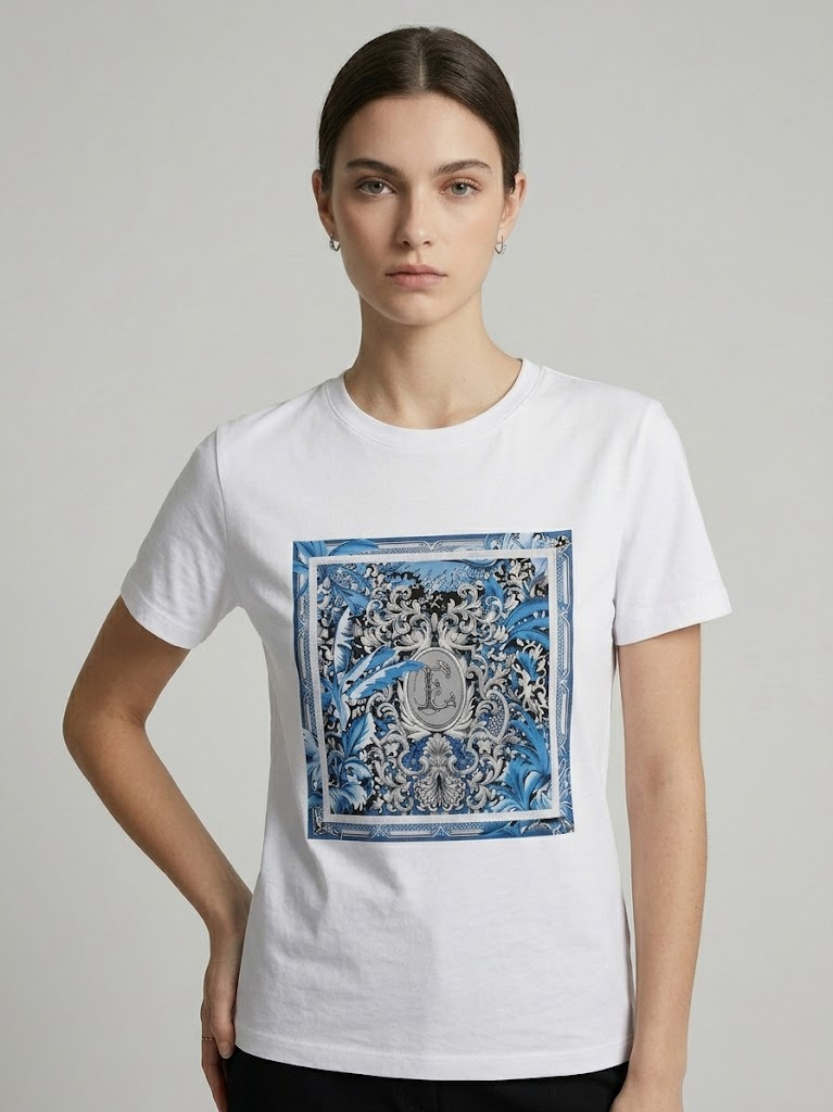 Mayorista CIVICO 1 - Camiseta de mujer con estampado barroco y detalles de strass