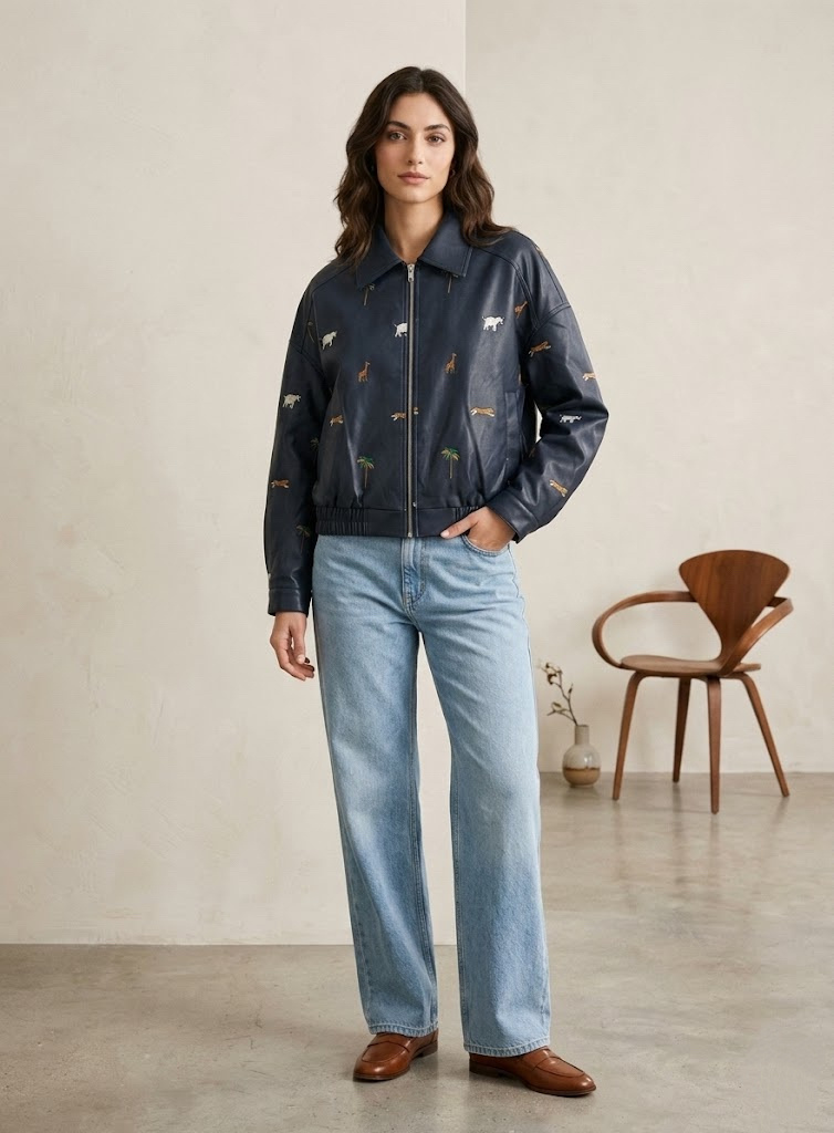 Grossiste CIVICO 1 - Veste fantaisie femme effet cuir avec broderie animaux courte décontractée avec zip