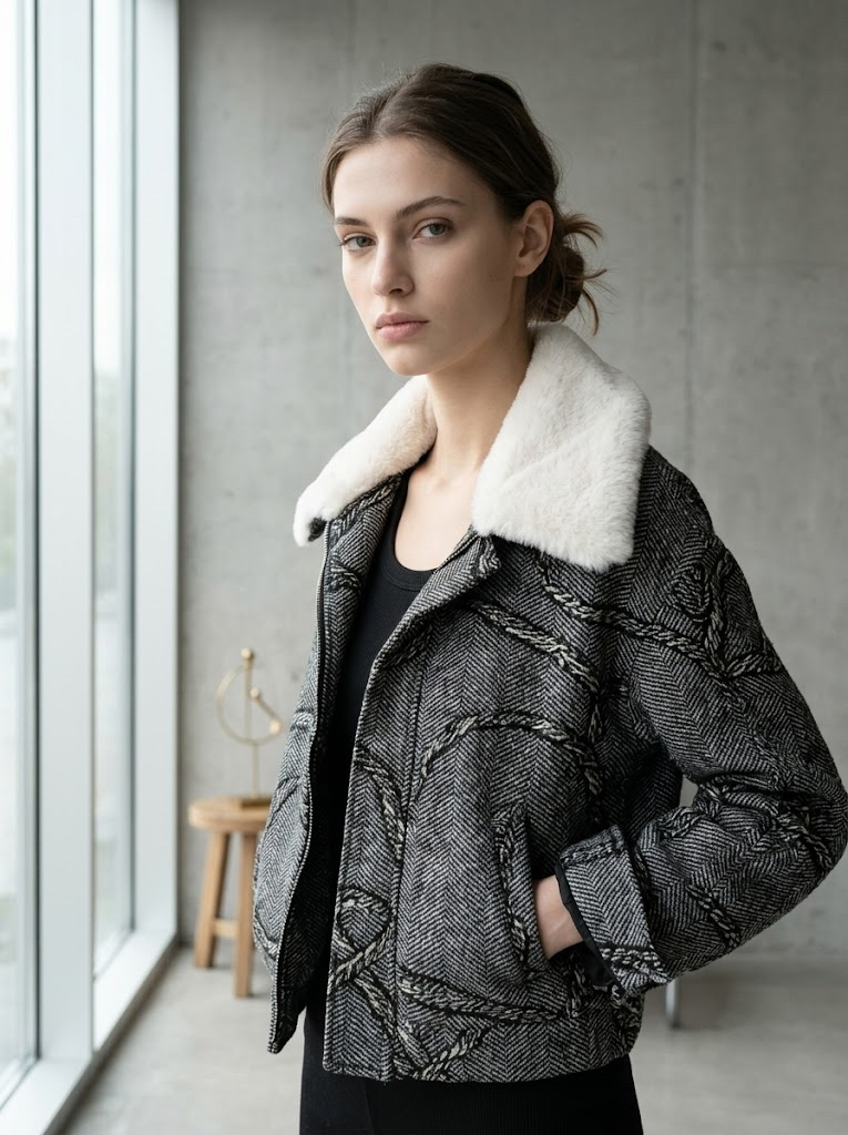 Wholesaler CIVICO 1 - Women's Short Padded Jacket with Faux Fur Collar and Jacquard Rope Pattern