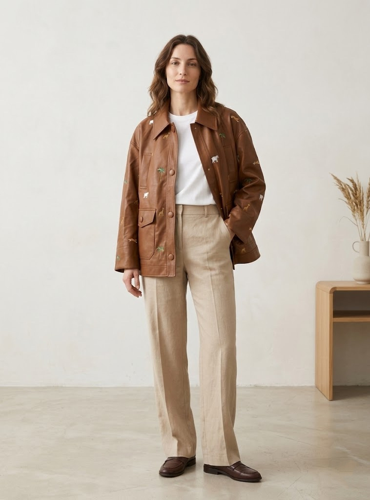 Grossiste CIVICO 1 - Veste fantaisie femme effet cuir avec broderie animaux décontractée avec zip