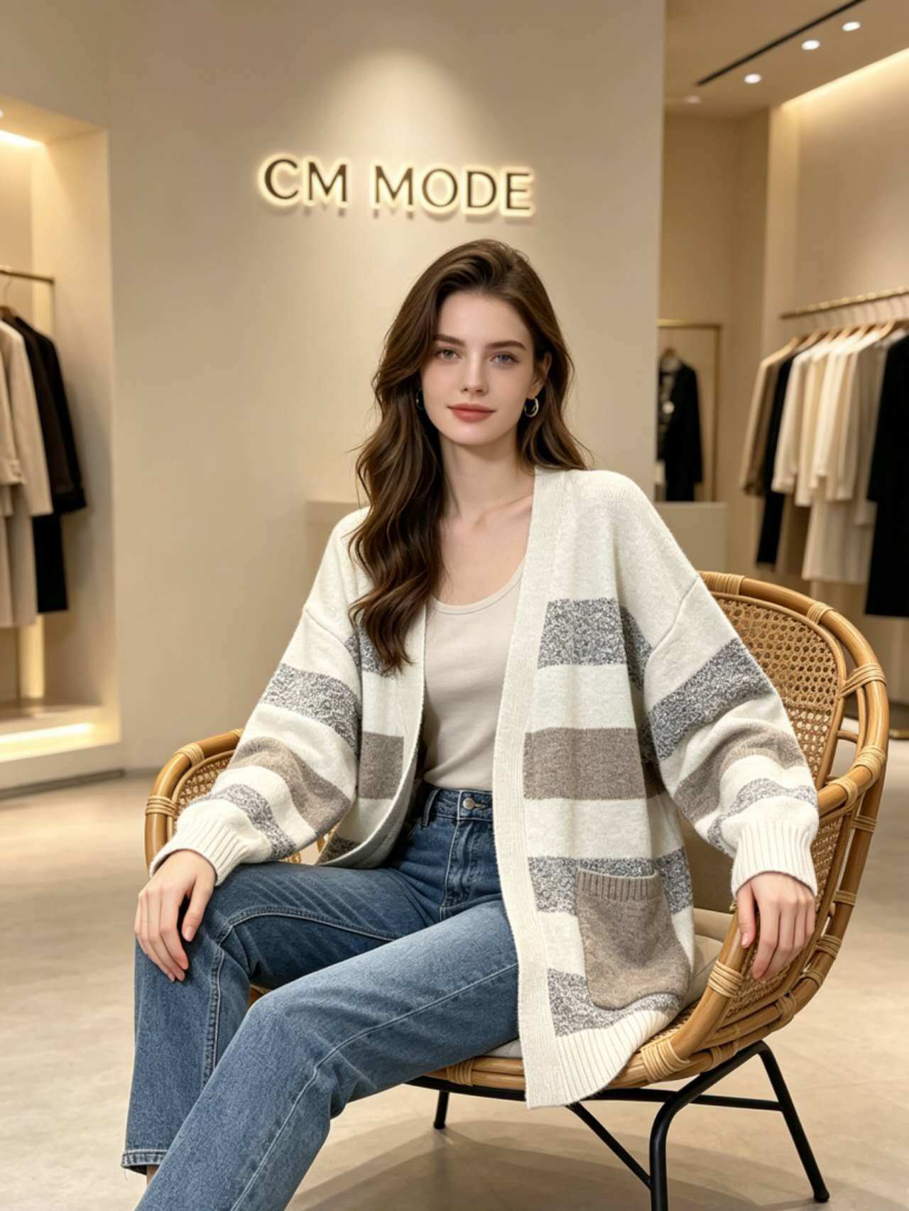 Grossiste CM MODE - Cardigan en maille à rayures contrastées