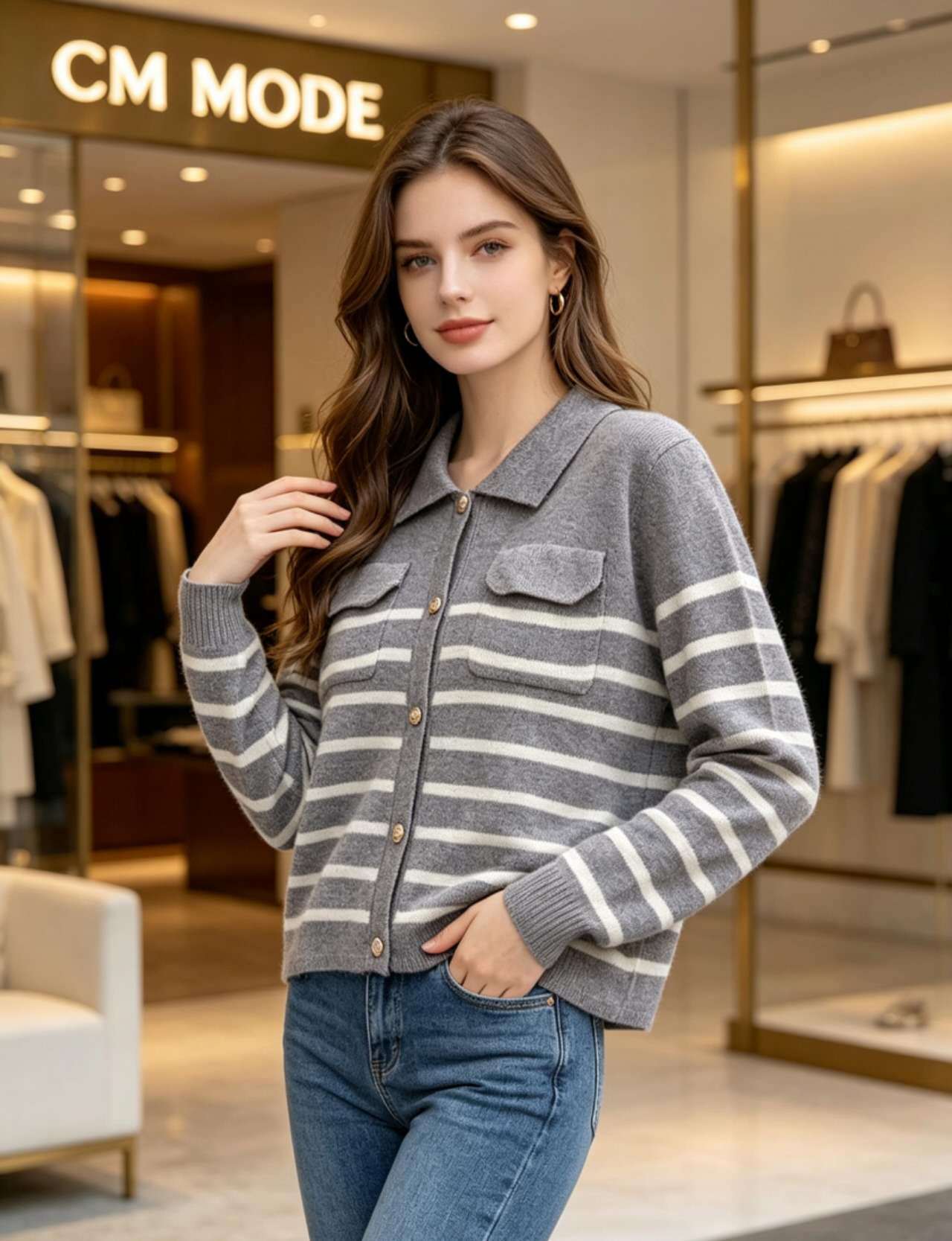 Grossista CM MODE - Gilet a righe con colletto polo