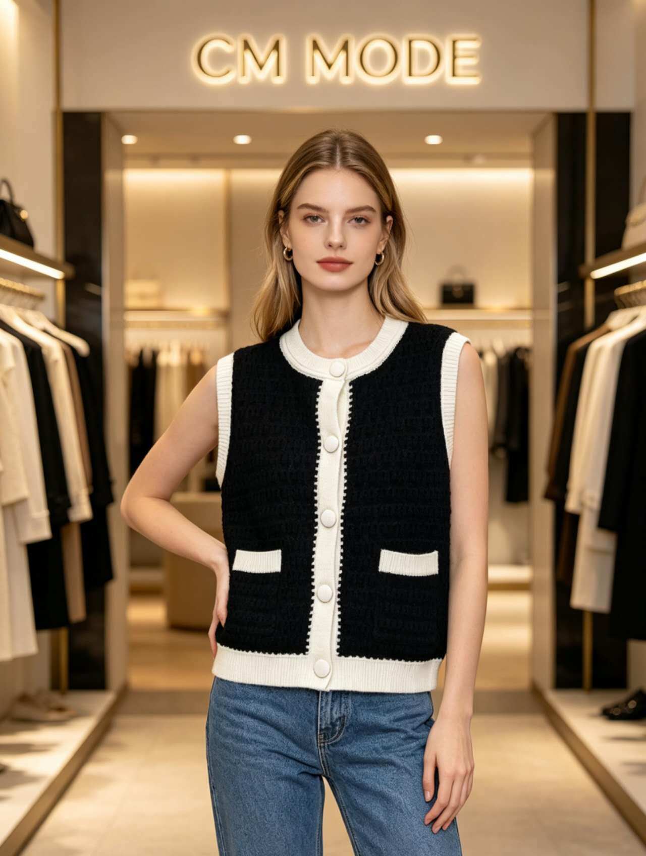 Grossiste CM MODE - Gilet maille à bordures contrastées