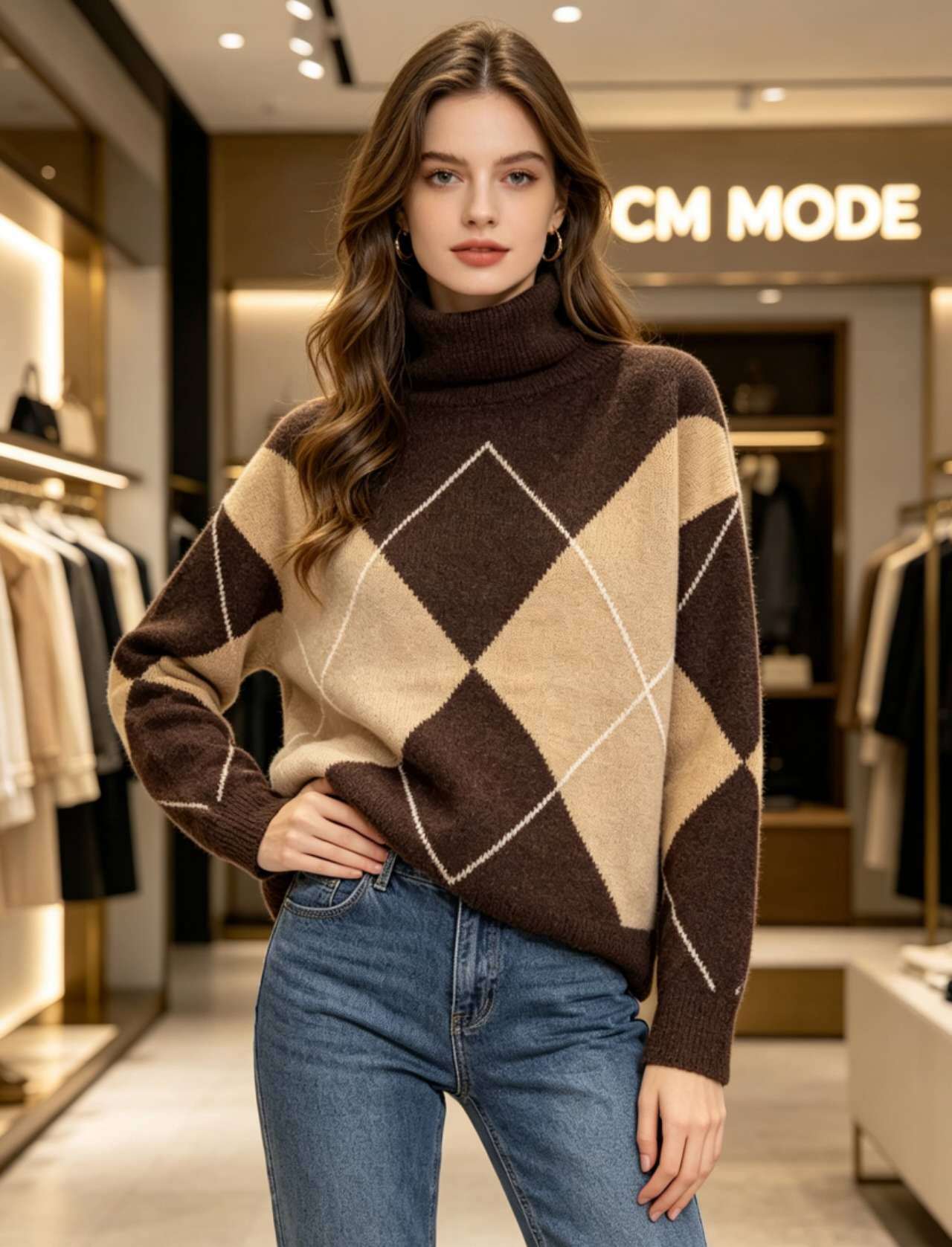 Wholesaler CM MODE - Diamond pattern turtleneck sweater