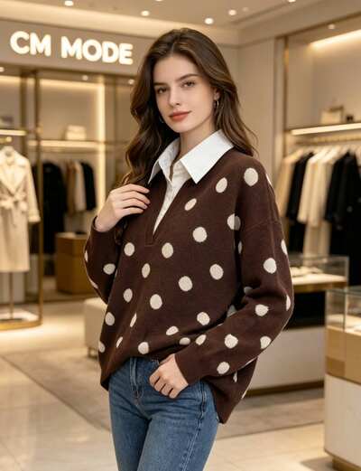 Grossista CM MODE - Maglione a pois con colletto a camicia Grossista CM MODE - Maglione a pois con colletto a camicia