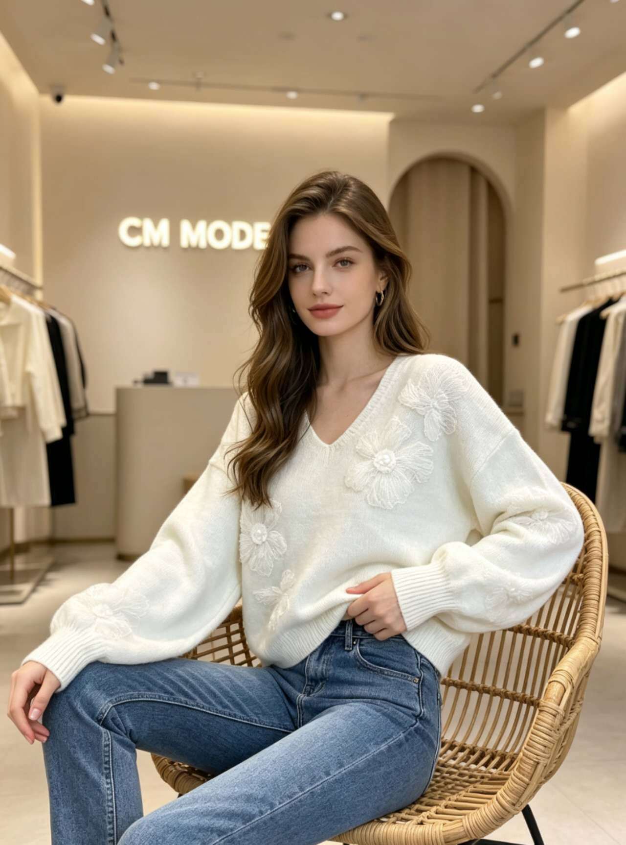 Wholesaler CM MODE - V-neck sweater with floral embroidery