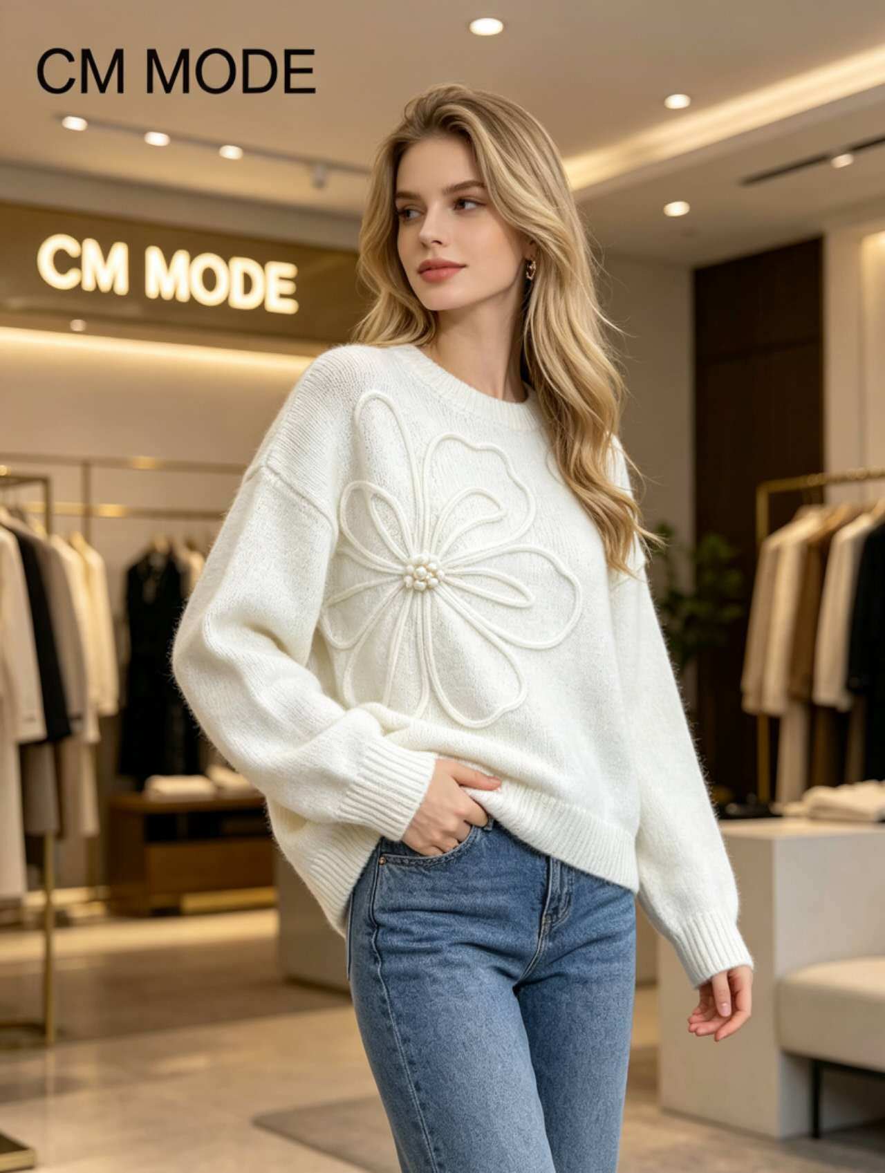 Grossista CM MODE - Maglione a maglia con grande fiore tridimensionale