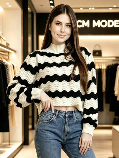 Großhändler CM MODE - Hochgeschlossener Pullover mit wellenförmigen Streifen Großhändler CM MODE - Hochgeschlossener Pullover mit wellenförmigen Streifen