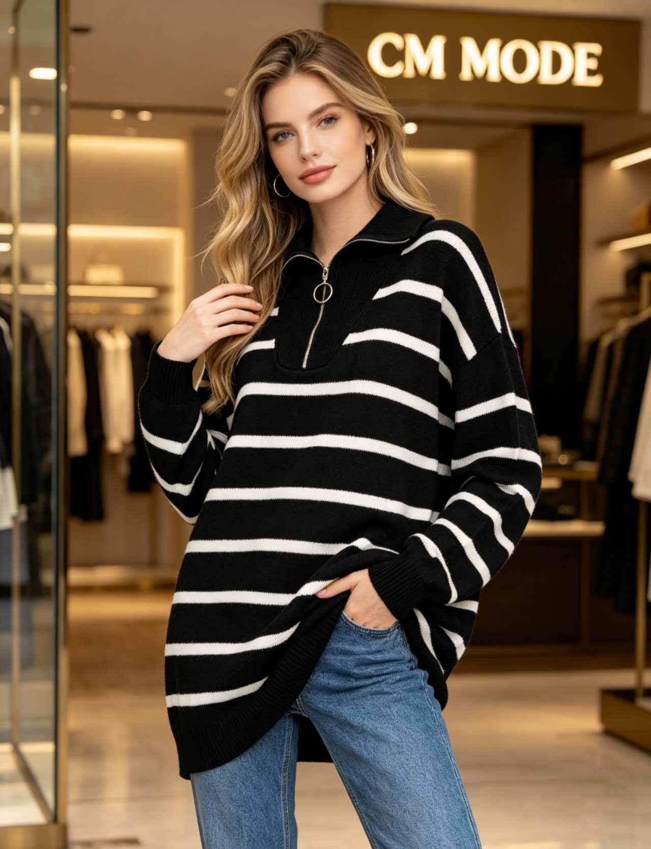 Grossista CM MODE - Maglione a righe con zip