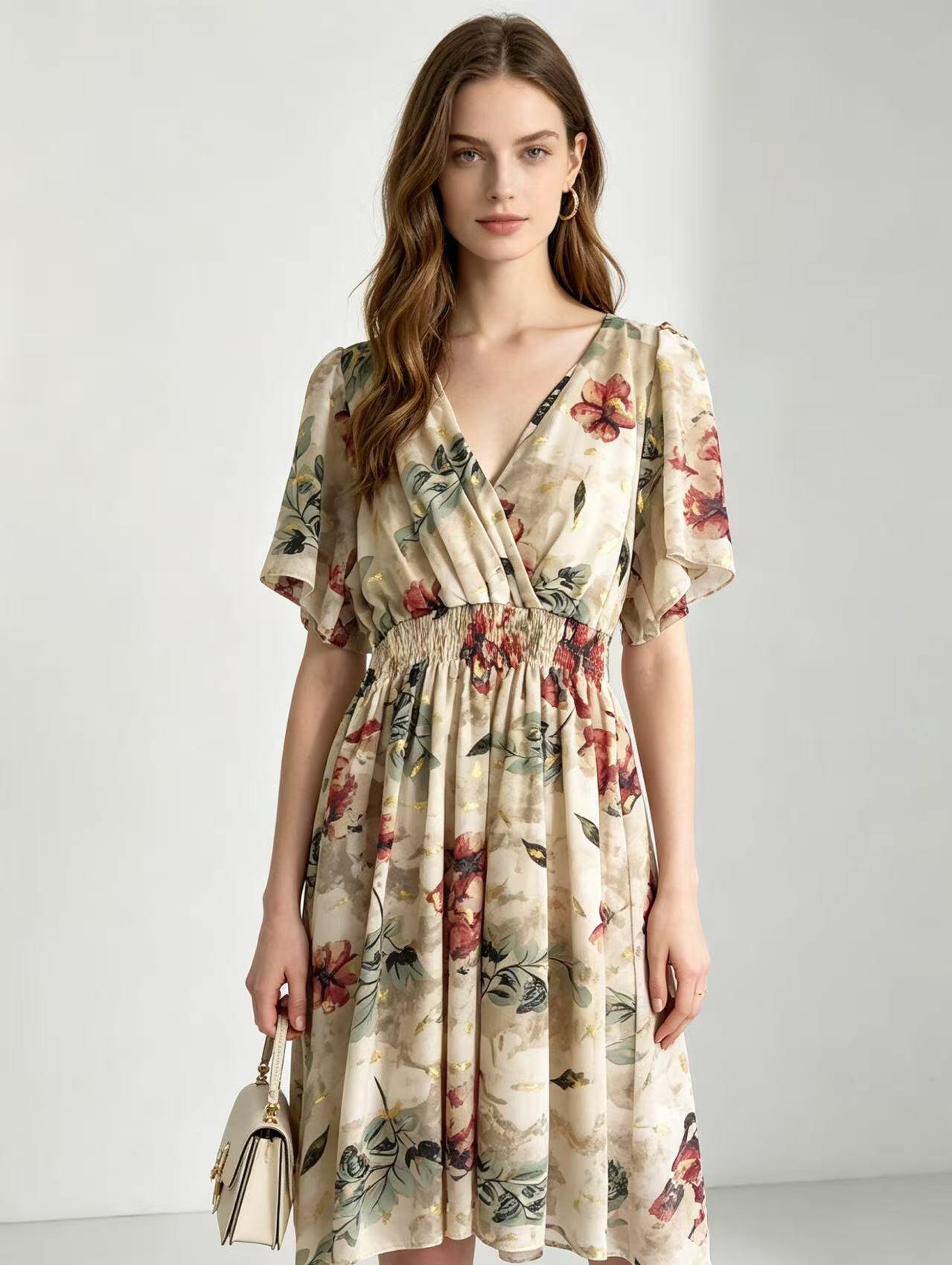 Wholesaler CM MODE - Short floral dress with V-neck and golden sequins