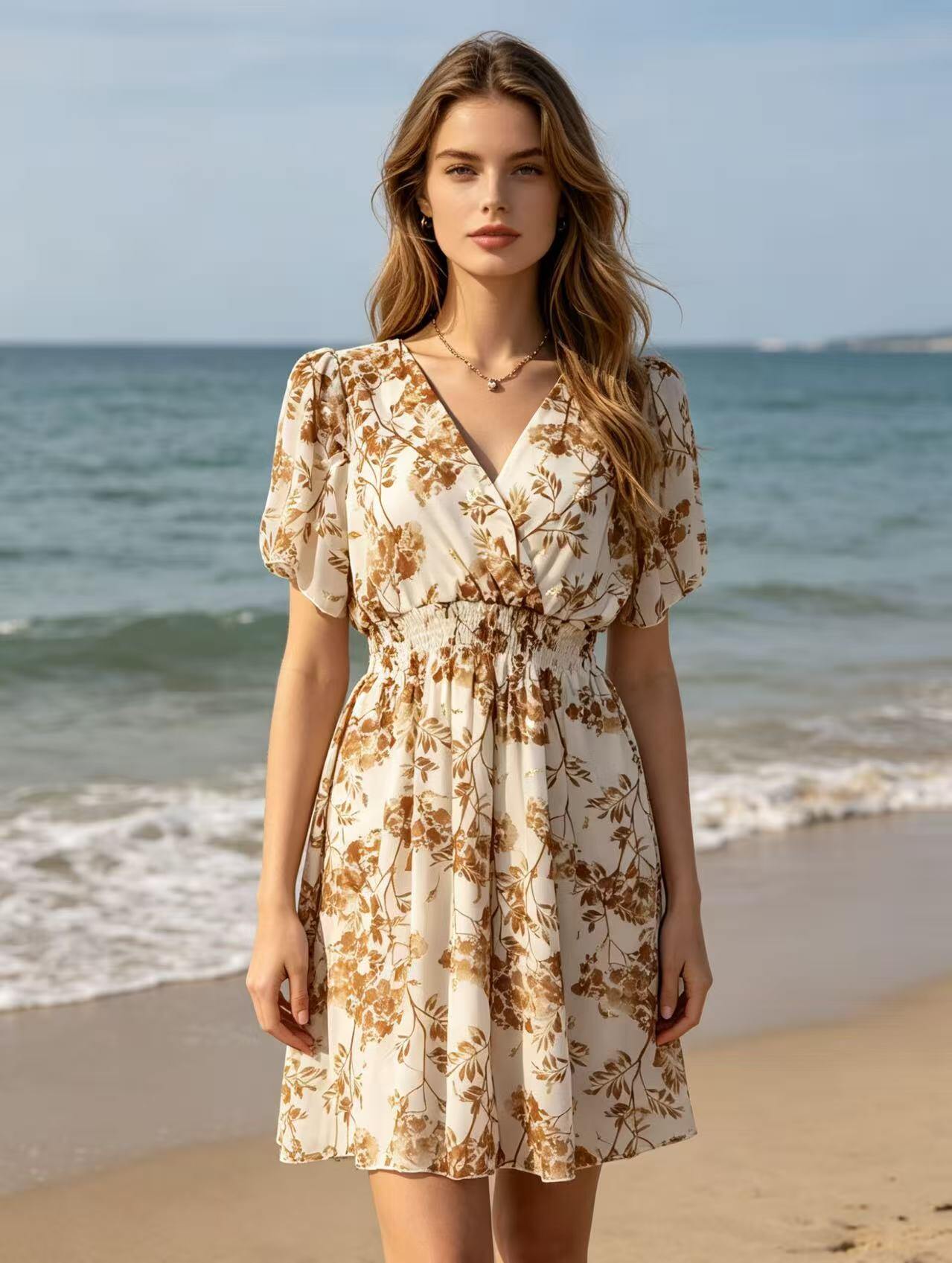 Wholesaler CM MODE - These short summer dresses in flowing chiffon come in a variety of floral patterns, adorned with shiny golden details for a touch of