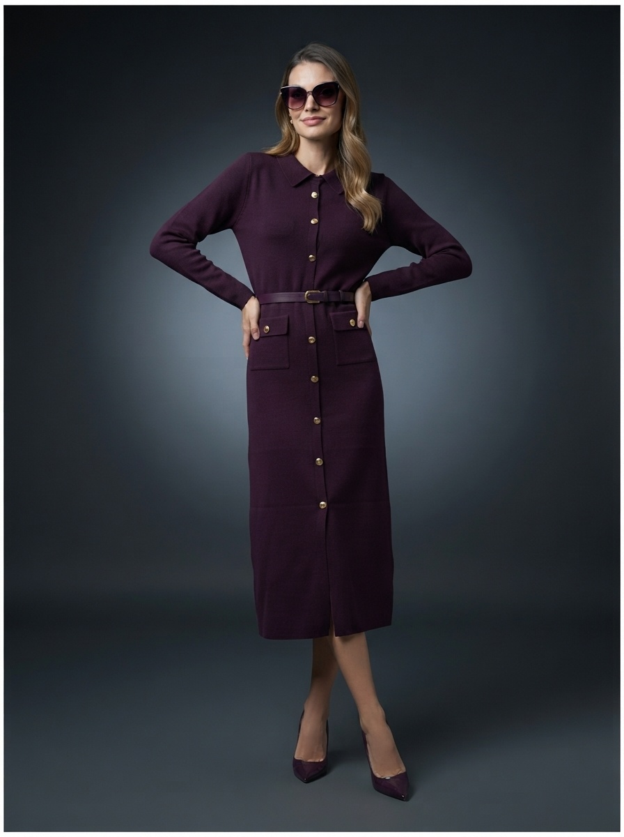 Grossiste CM MODE - Robe Chemise Longue en Maille à Boutons Dorés – Élégance Solaire