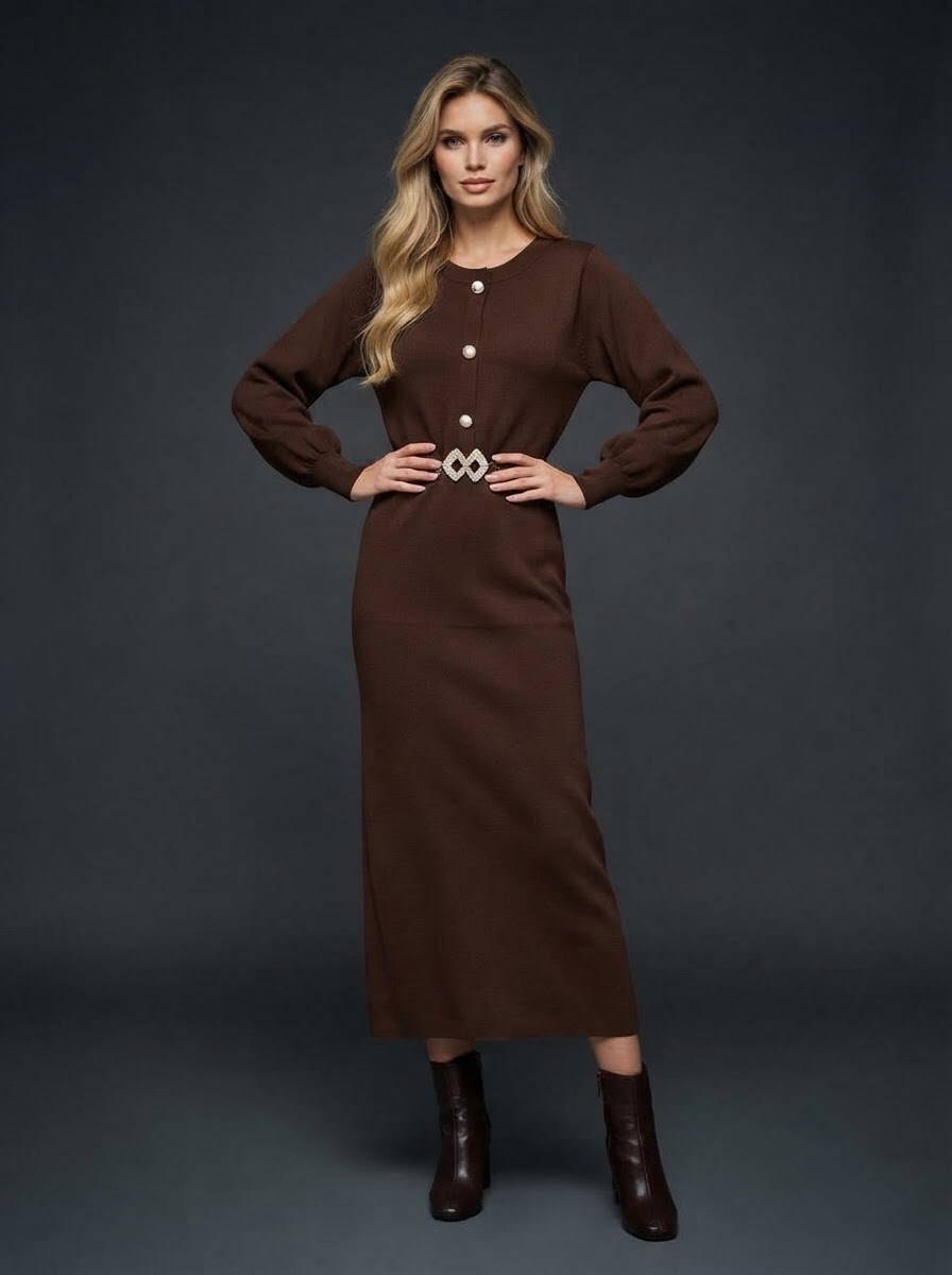 Grossiste CM MODE - Robe Longue en Maille Fine à Ceinture – Élégance & Raffinement