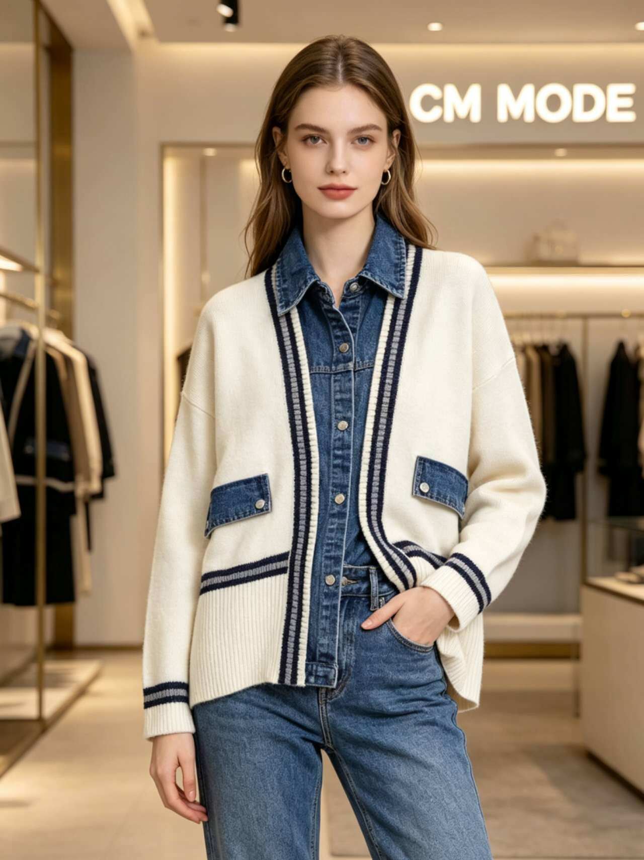 Grossiste CM MODE - Cardigan maille col jean rayé