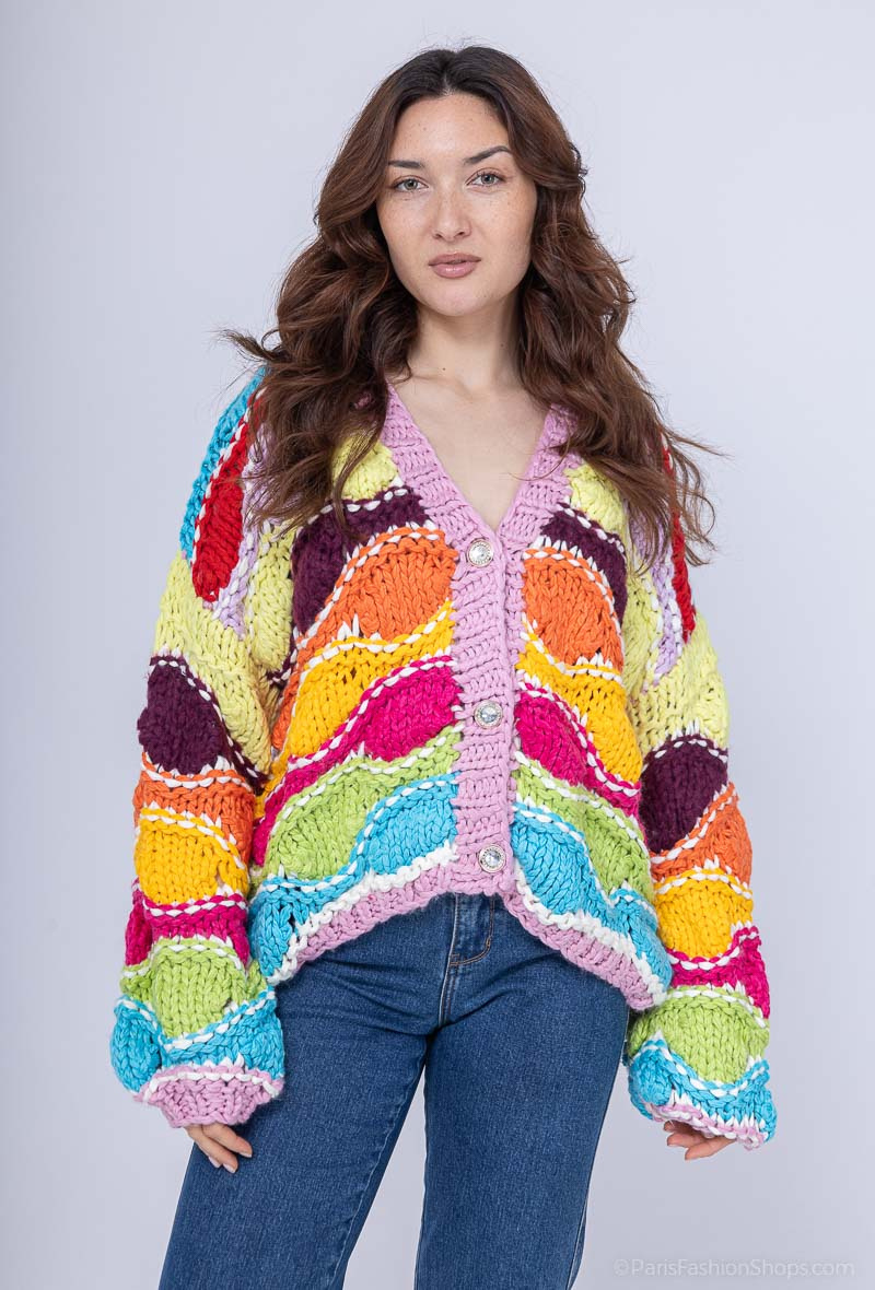 Wholesaler CMP55 - Multicolor buttoned fuzzy knit cardigan