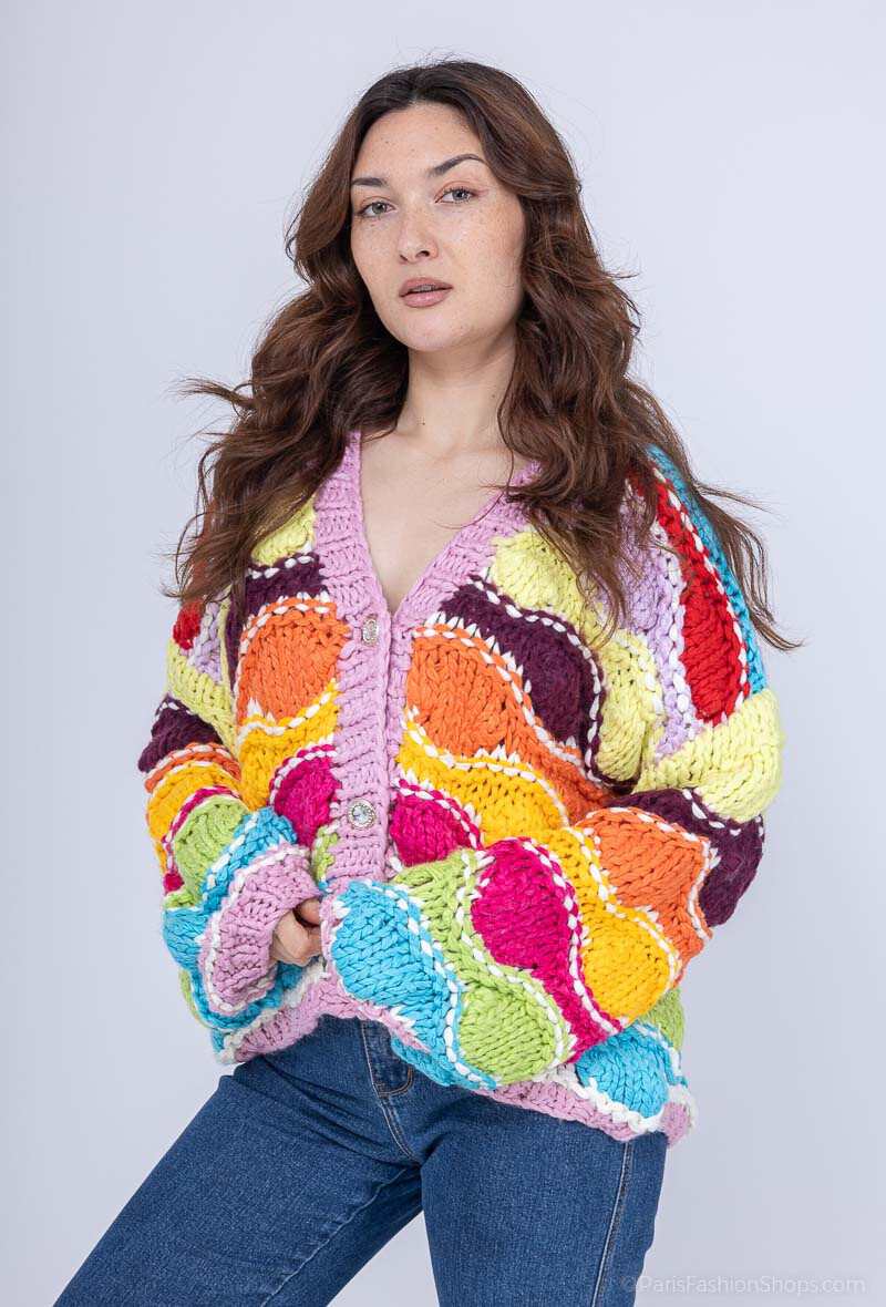 Wholesaler CMP55 - Multicolor buttoned fuzzy knit cardigan