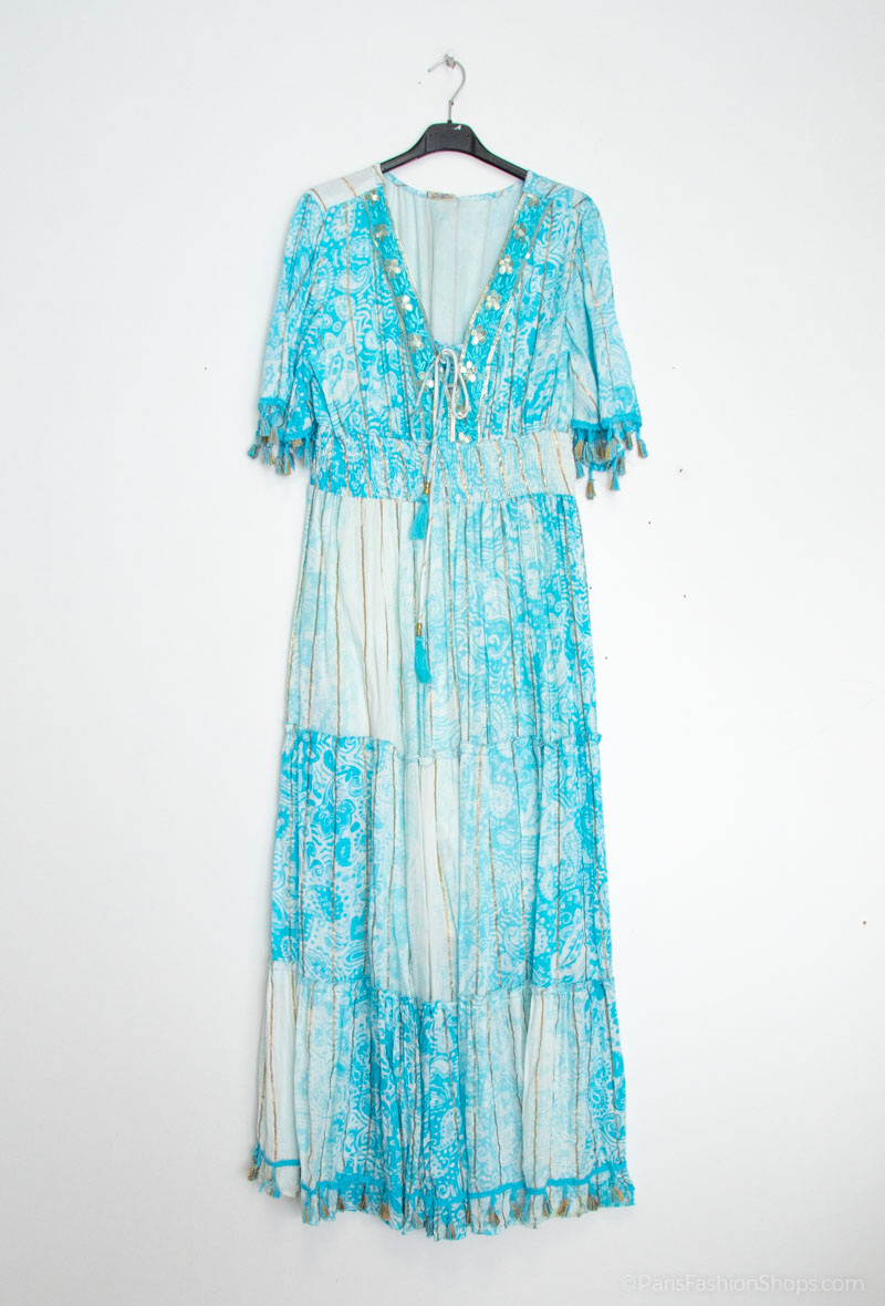 Wholesaler CMP55 - Maxi v-neck dress decorated with sequin and gold thread