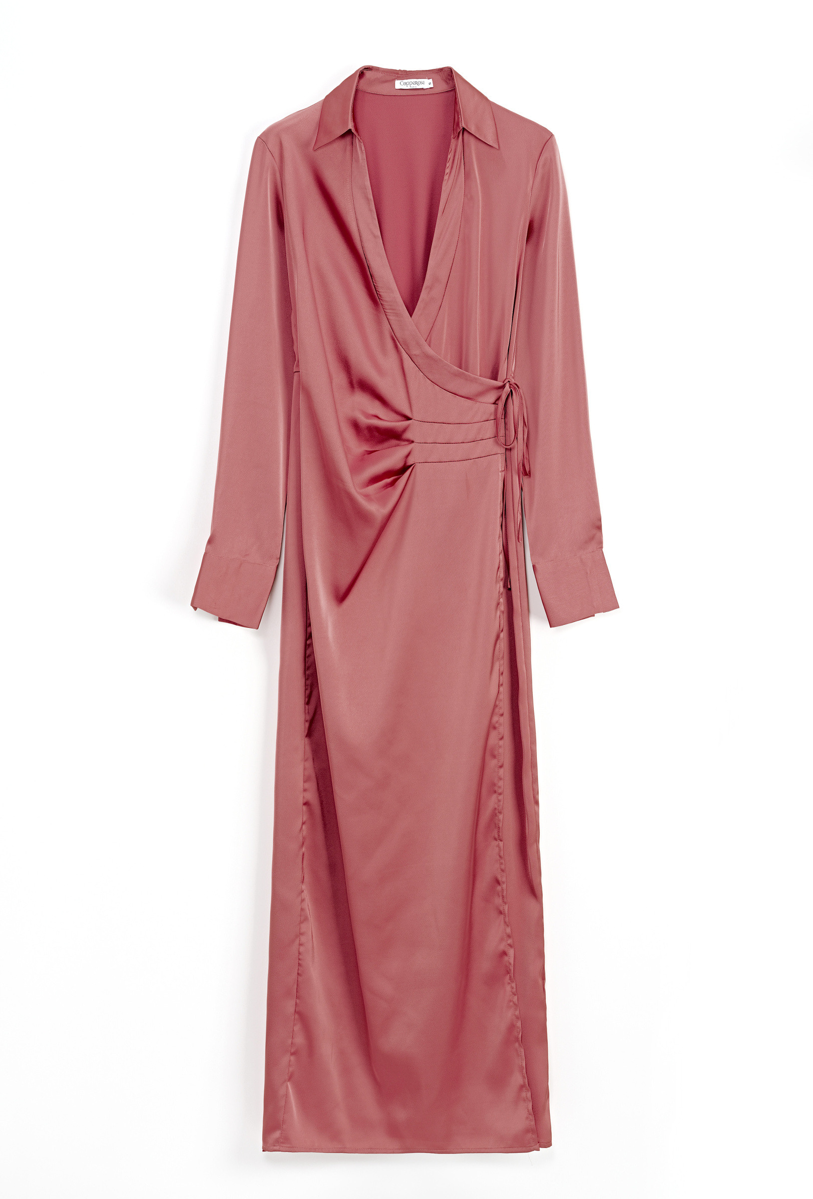 Grossiste Copperose Outlet - Robe longue satinée portefeuille fendue