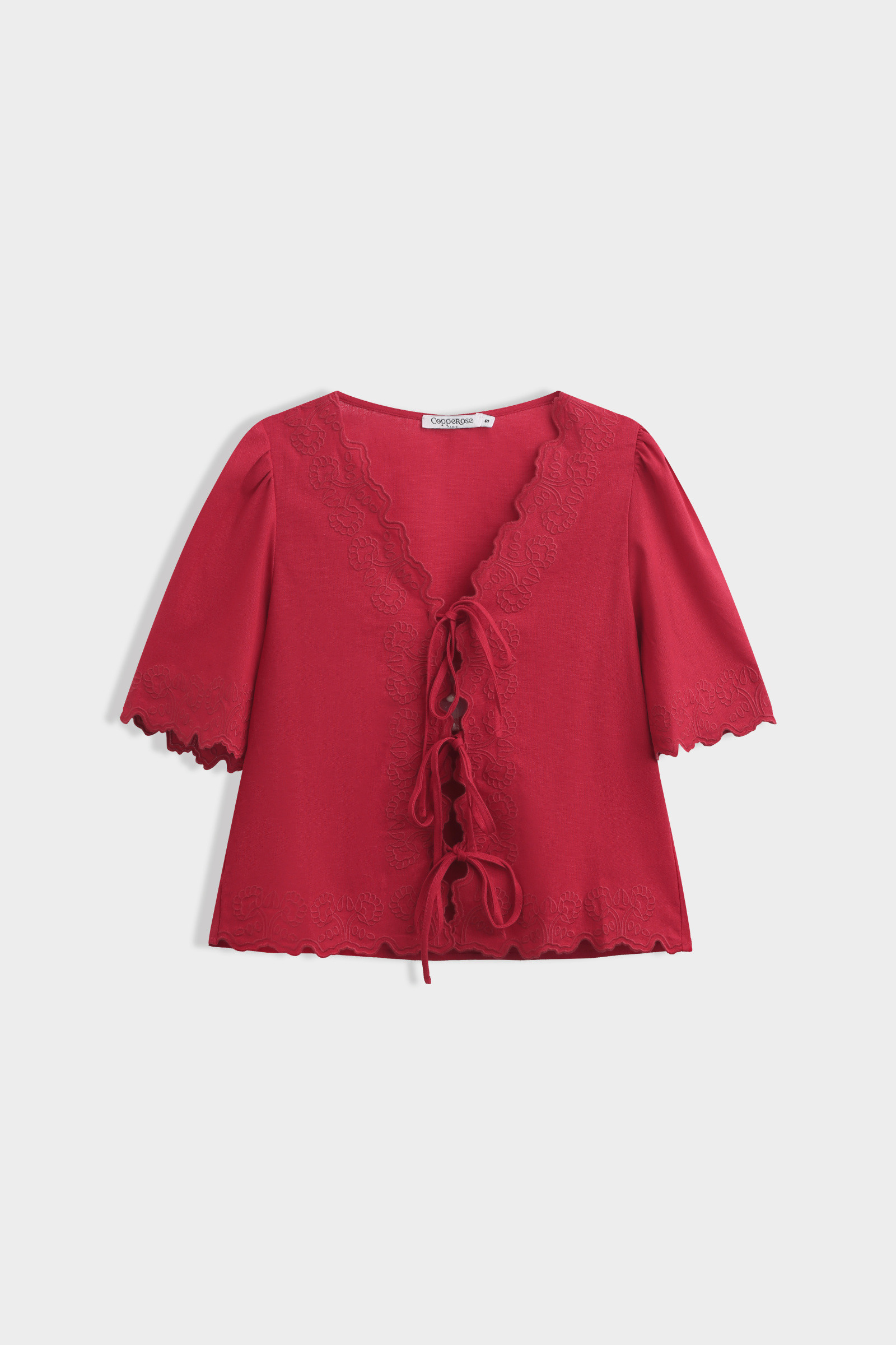 Mayorista Copperose - Blusa de lino mezclado con bordados y lazos