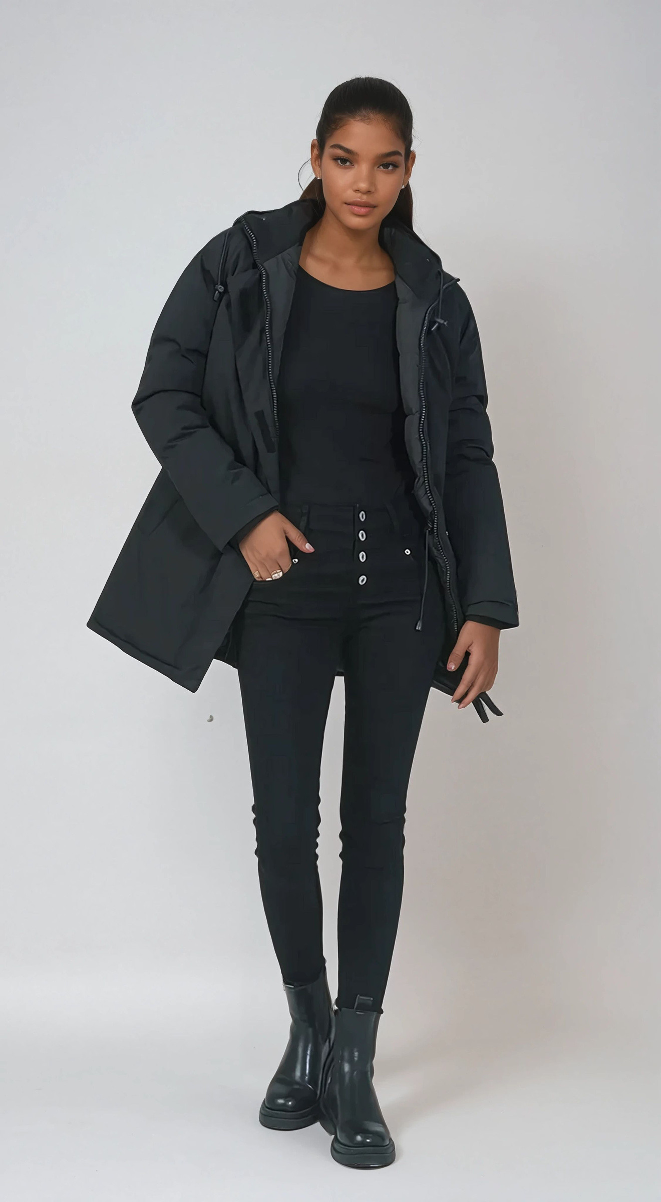 Grossiste Copperose - Parka mi-long à capuche avec fausse fourrure amovible