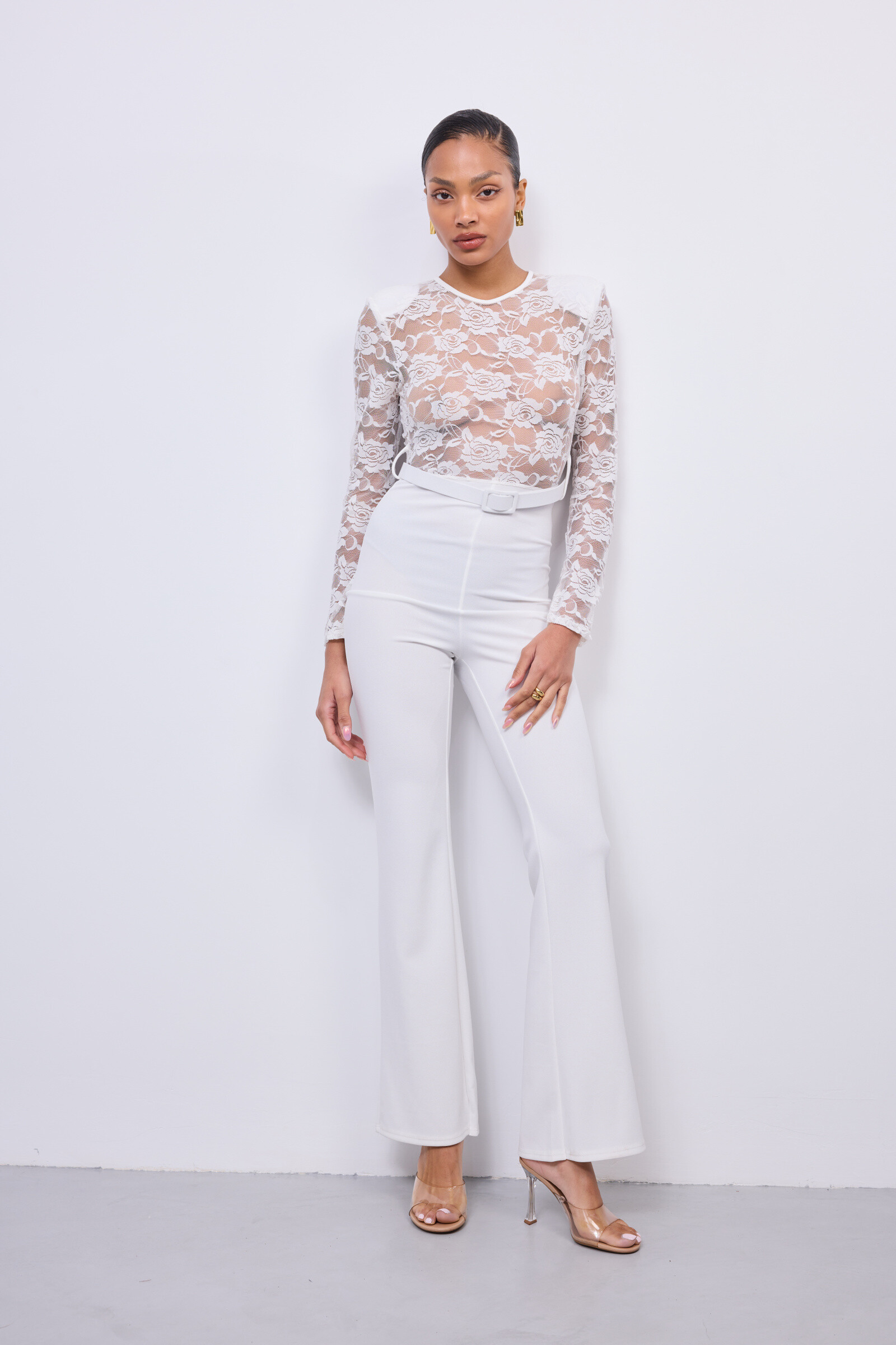 Wholesaler Copperose - Belted Lace Shoulder Pad Jumpsuit