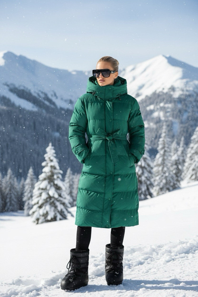 Großhändler Copperose - Mittellange, gesteppte Daunenjacke mit Kapuze und abnehmbarem Gürtel