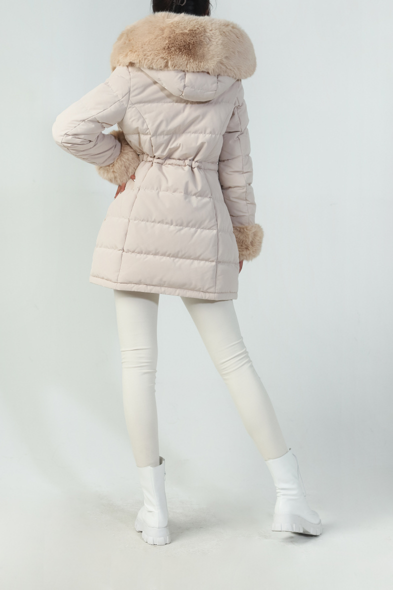 mid-length quilted down jacket with hood with faux fur