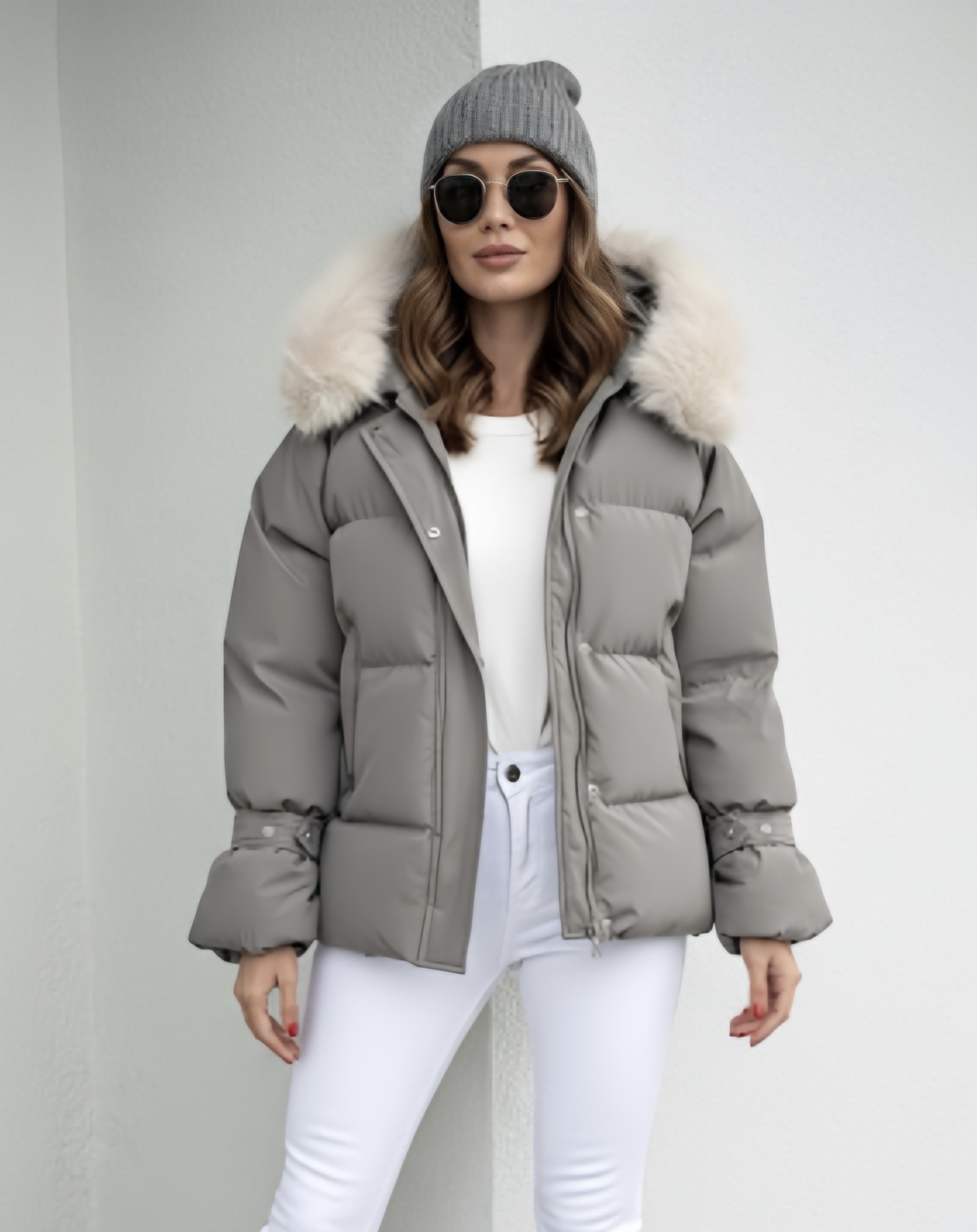 Wholesaler Copperose - SHORT PUFFER JACKET WITH HOOD AND FAUX FUR TRIM