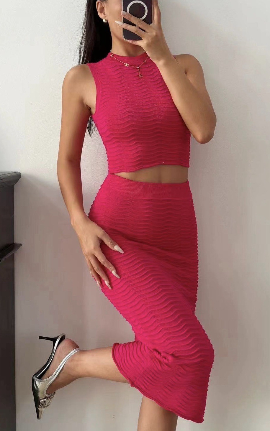Mayorista Copperose Outlet - Conjunto de top corto y falda de onda larga