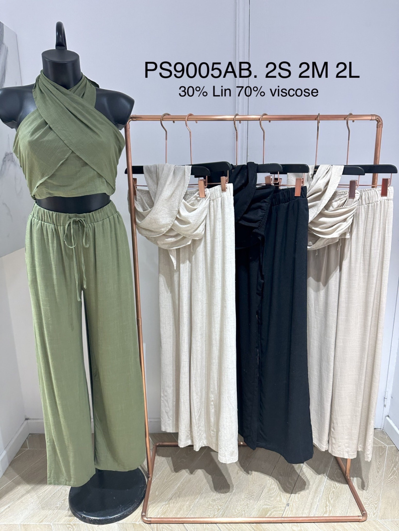 Grossista Copperose - Set top e pantaloni incrociati in misto lino