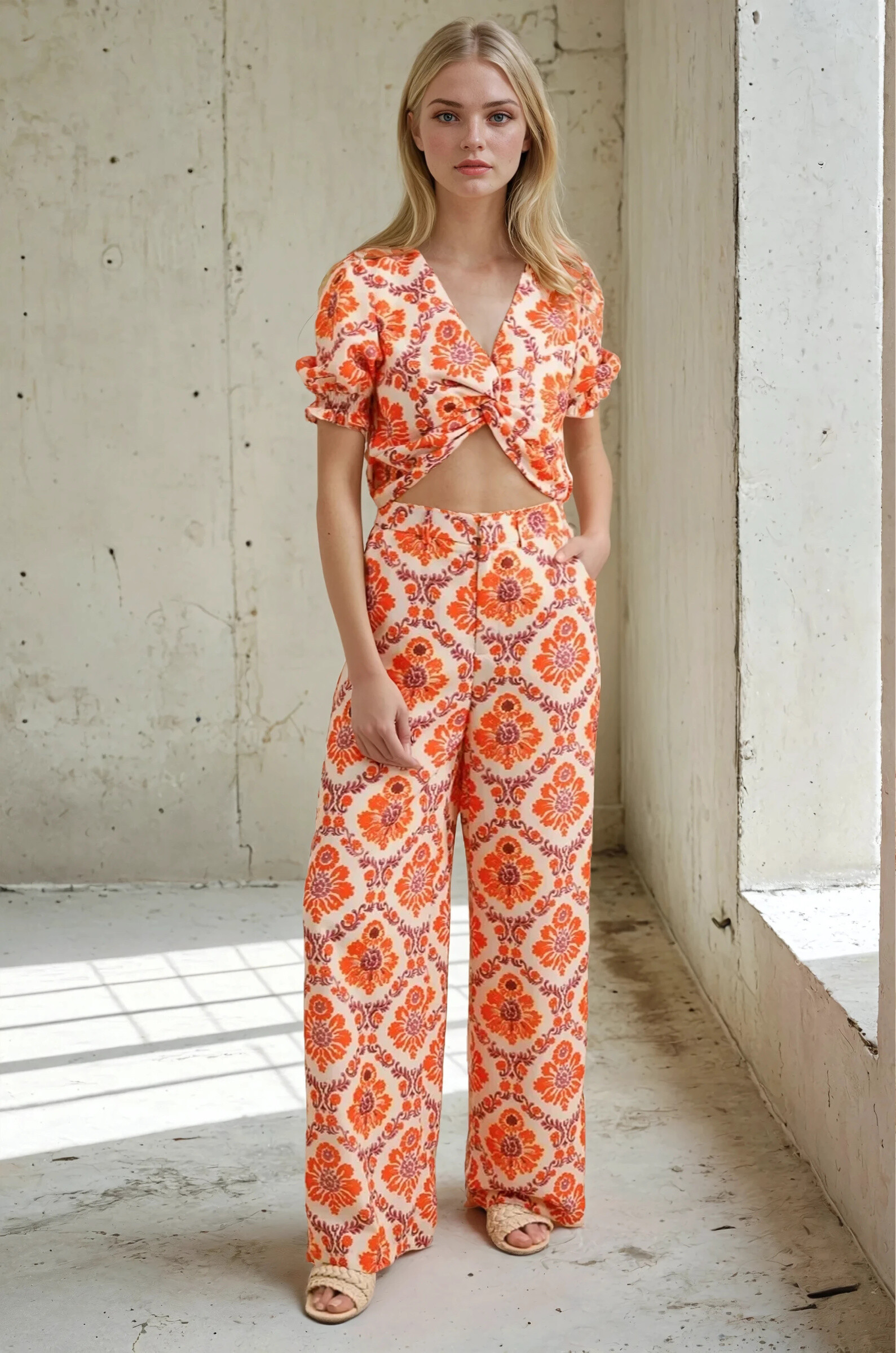 Grossiste Copperose - Ensemble crop top et pantalon imprimé fleurs