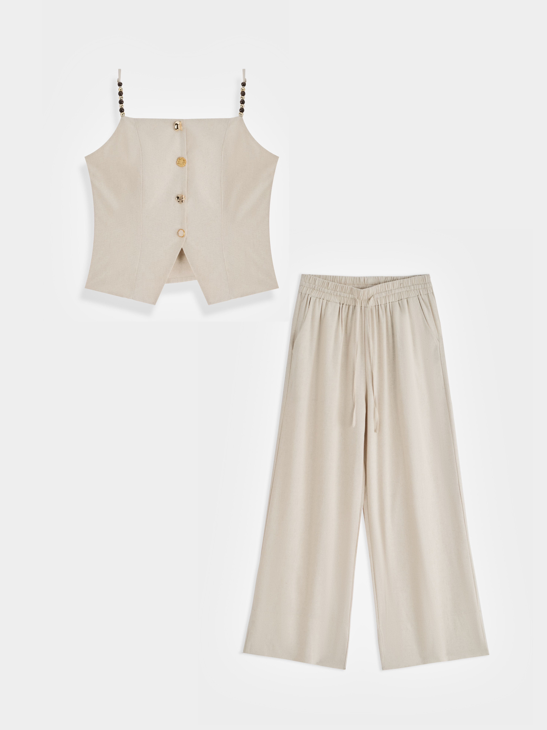 Grossiste Copperose - ENSEMBLE EN LIN MÉLANGÉ AVEC HAUT BOUTONNÉ ET PANTALON LARGE